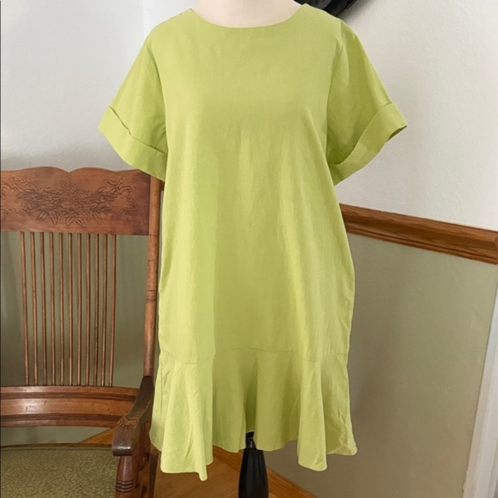 Racheal Lime Green Short Sleeve Pockets Ruffle Hem Cotton Dress Large